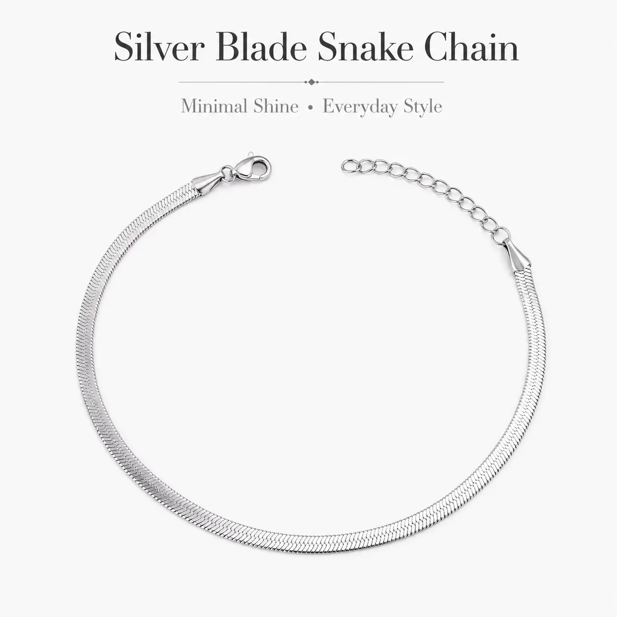 Premium Silver Tone Flat Herringbone Necklace – Durable Polished Snake Chain, Comfort All Day Wear, Versatile Costume Accessory For Him & Her Minimalist Silver Flat Snake Necklace With Adjustable Extender daily jewelry accessory gold filled