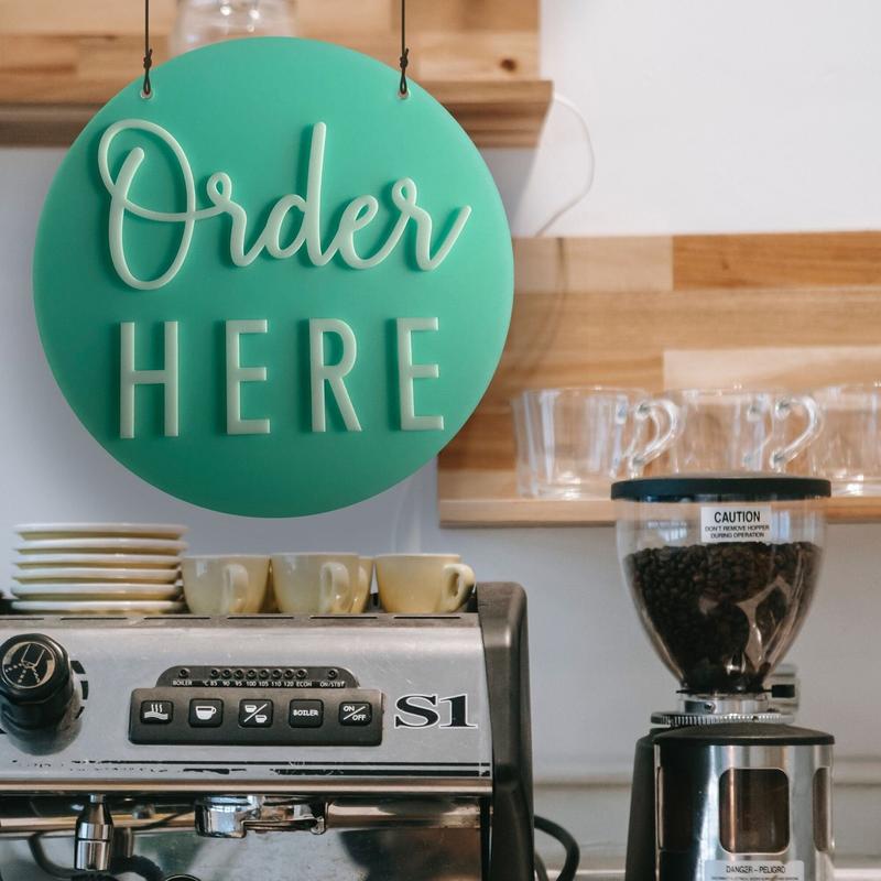 Order Here Pickup Here Sign | Semi Transparent Aqua Acrylic Cafe Decor | Custom Restaurant Bakery Ice Cream Food Truck Display | 12x12"
