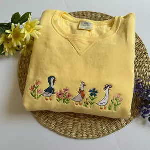 Spring Goose Embroidered Sweatshirt Flowers Floral Crewneck Pastel Lightweight Goose