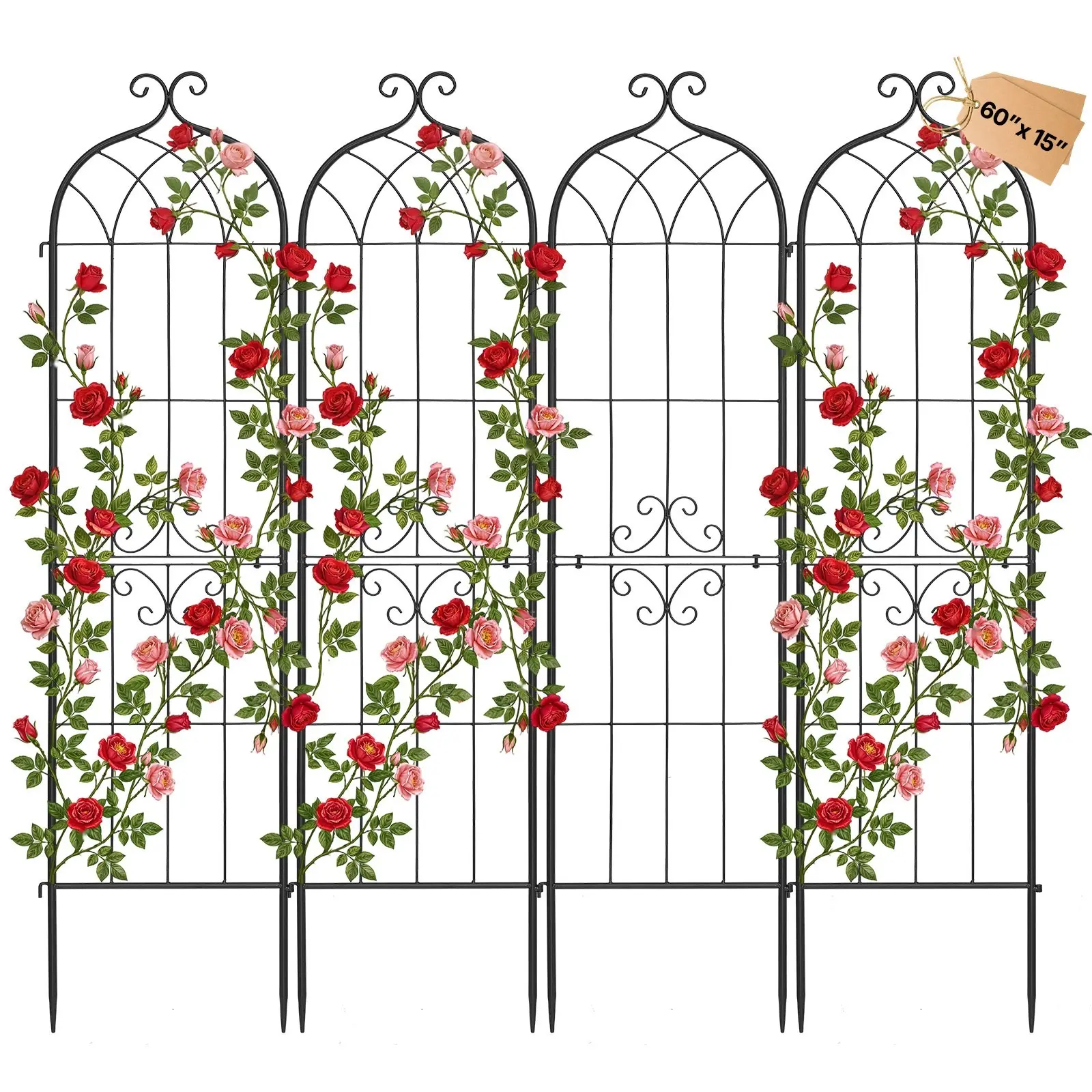 Garden Trellis 60 x 15 Inch Rose Trellis Set, 4-Pack, Powder-Coated Finish, Easy Locking Design, Plant Support Trellises For Flowers, Vegetables, Roses, Durable Steel Garden Lattice For Climbing Plants