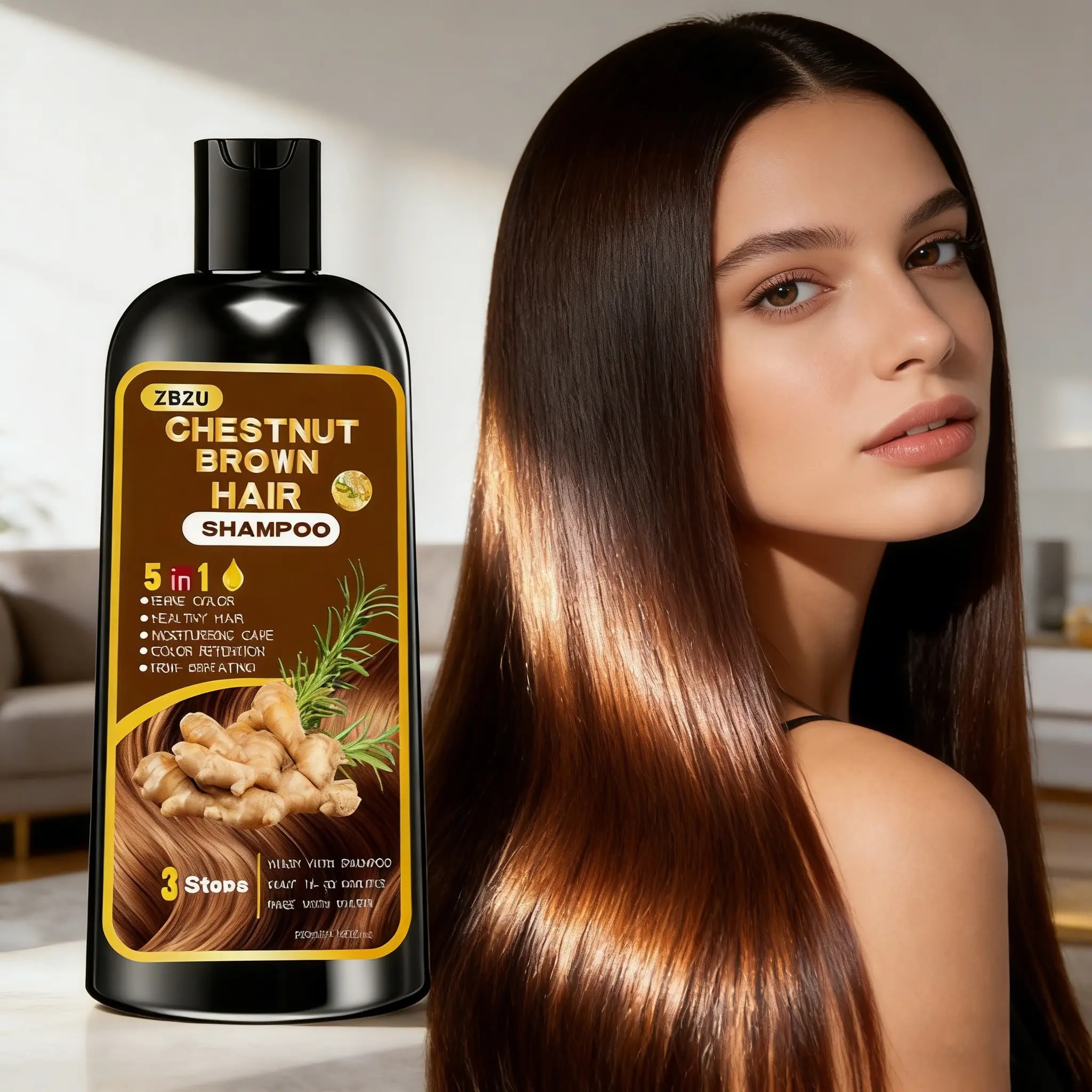 5-in-1 Plant Extract Chestnut Brown Hair Dye Shampoo, Herbal Hair Dye, Ginger & rosemary infused, Cleans, colors, nourishes & locks in moisture, covers grays, Cover Grey Hair, gentle, easy to use & rinse, For all, keeps hair smooth and shiny