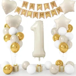 1st Birthday Decoration for Boys Girls,Beige White Gold 1st Birthday Balloon with 40 Inch Number 1 Balloon Heart Star Balloons Happy Birthday Banner for 1 Year Old Party Supplies