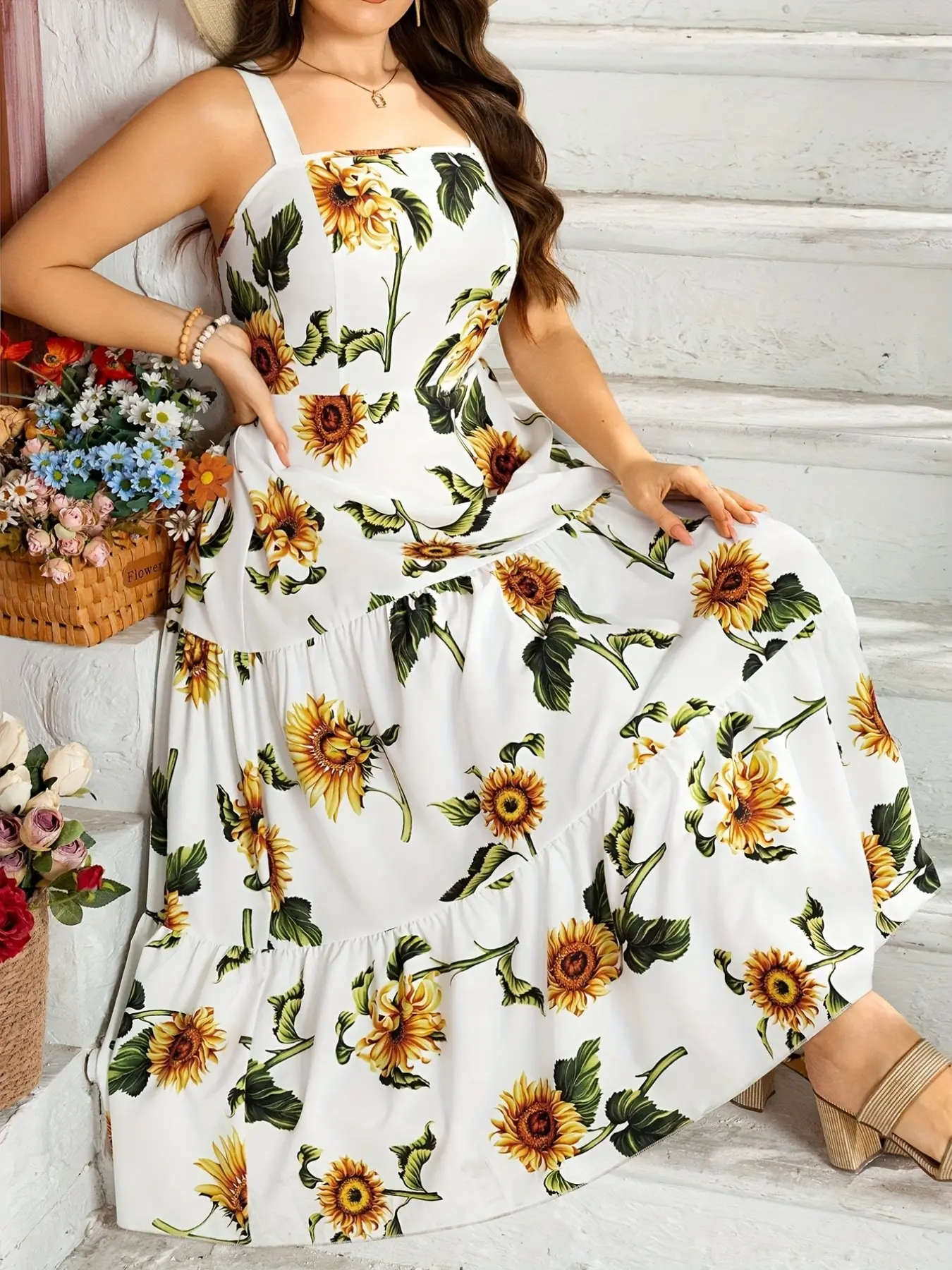 Plus Size Sunflower Floral All Over Print Long Dress, Women's Summer Lightweight Breathable Casual Bohemian Style, Boho, Boho Sundresses, Thin Strap, Long Maxi Dress, Fashionable & Comfortable, Womenswear