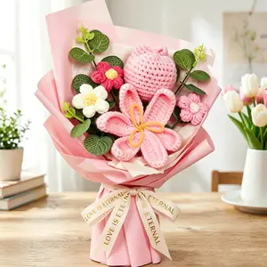 Handmade Crochet Tulip Bouquet, Forever Knitted Flower with Pink Wrapping and Decorative Ribbon, Artificial Hand-Knitted Flowers for Mother's Day, Birthday, Anniversary, Valentine's Day Gift for Women