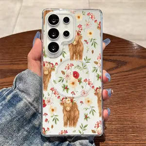 Adorable Highland Cows with Floral Wreaths,Magnetic Ring,Wireless Charging,Supports for Samsung Galaxy S26 S25 S24 S23 S22 S21 S20 Fe Plus Ultra Edge S10E A57 A56 A55 A54 A37 A36 A35 A34 A26 A25 A24 A23 A17 A16 A15 A14 A07 A06 A05s Note20 Note10 Note9
