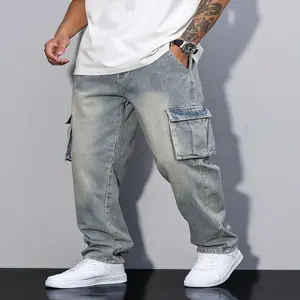 Men'S Loose Fit Multi-Pocket Cargo Jeans, Distressed Washed Denim, Comfortable Street Style Pants for Casual Wear (Belt/Accessories Not Included), Allseason | Jeans Rugged Denim