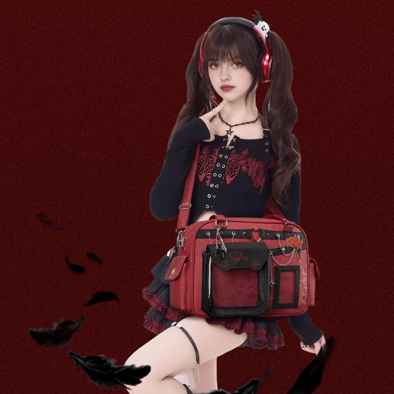 KabaqooOfficial Qin Che Anime Ita Bag for Women Red Large Crossbody Bag with Clear Front Pocket Perfect for Pins Charms & Collections