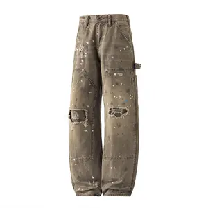 Men's pants, outdoor casual pants, carpenter's work pants, wide leg loose work pants, retro paint splattered washing, damaged holes, worn edges, practical underwear, Y2K garbage streetwear, skateboarding punk aesthetics, retro painter's work pants