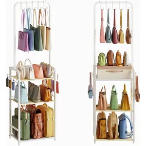 Tall Purse Organizer for Closet with 5 Purse Hanger & 6 Side Hooks, 4 Tier Floor-Standing Purse Rack Stand for Purse Storage, Narrow & High-Capacity Handbag Organizer, Backpack Storage for Small Place