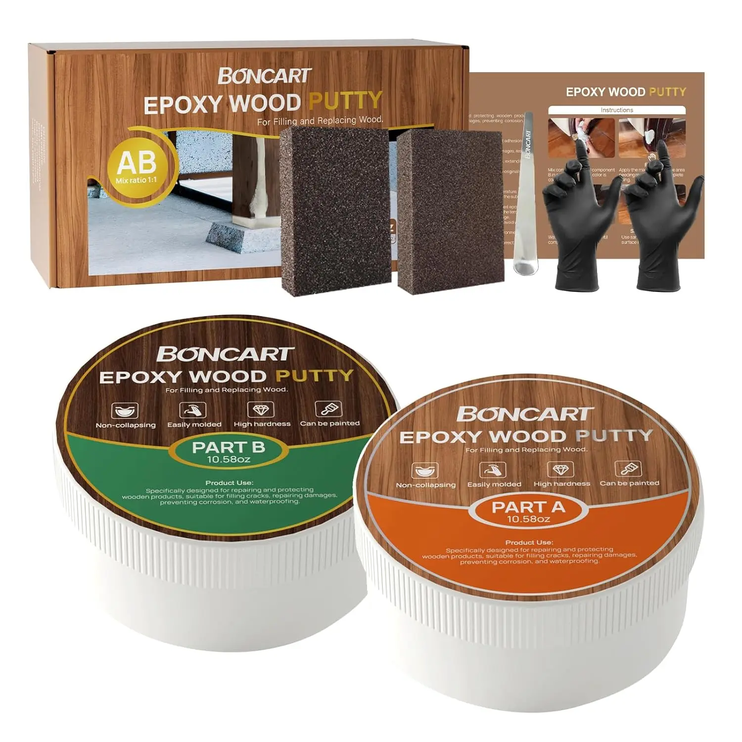 Boncart A/B Wood Epoxy Putty (21.16 oz) - High Strength, High Hardness, Stainable 2-Part Structural Kit for Wooden Furniture Damage Repair, Sandable, Carvable, Drillable (White), Wood Putty, Carve, Ounces, Hand Mixing