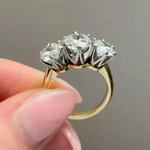 Luxury Two-Tone 3-Stone Round Zircon Ring for Women | 6-Prong Set Stackable Statement Ring | Elegant Minimalist High-End Jewelry