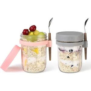 Mason Jar Container 16oz Glass Overnight Oats Jars Cereal Yogurt Salad Lunch Containers with Lids and Spoon Measurement Marks Grey&Pink 2Pcs Kitchen Utensils BPA Free Airtight Food Grade Glass Canister