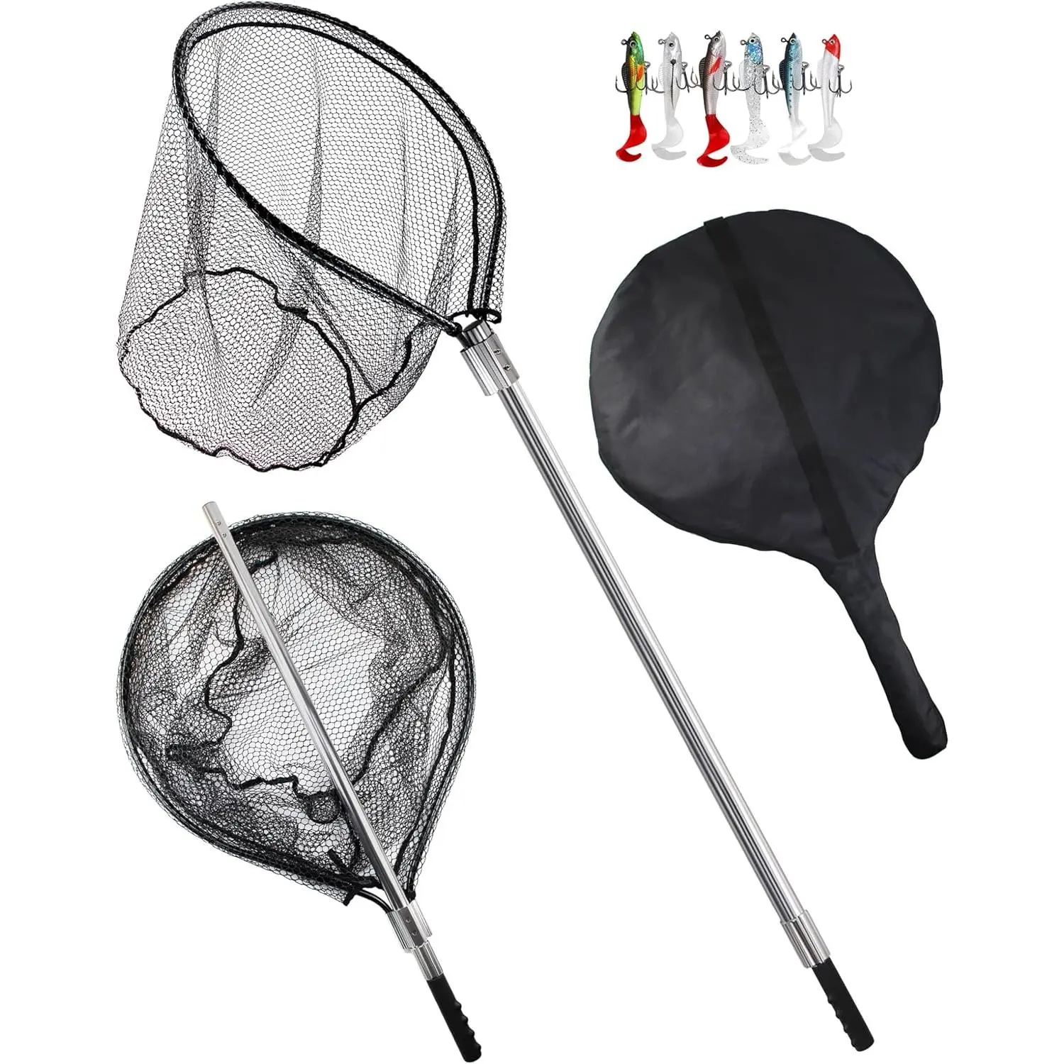 Rubber Fishing Net Heavy Duty Extra Large Landing Net with Telescoping Handle, Saltwater Aluminum Fish Net with 6pcs, Extends to 72-94in, Depth 27.5in