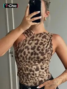 Women's Leopard Print Asymmetrical Neck Ruched Mesh Slim Bodysuit, Fashion Casual Sleeveless Bodysuit for Summer, Ladies Clothes for Holiday Party Club