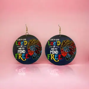 Wooden I Like My Hair Loc'd Earrings with Text Design and Colorful Hair Illustration, Simple and Stylish Style