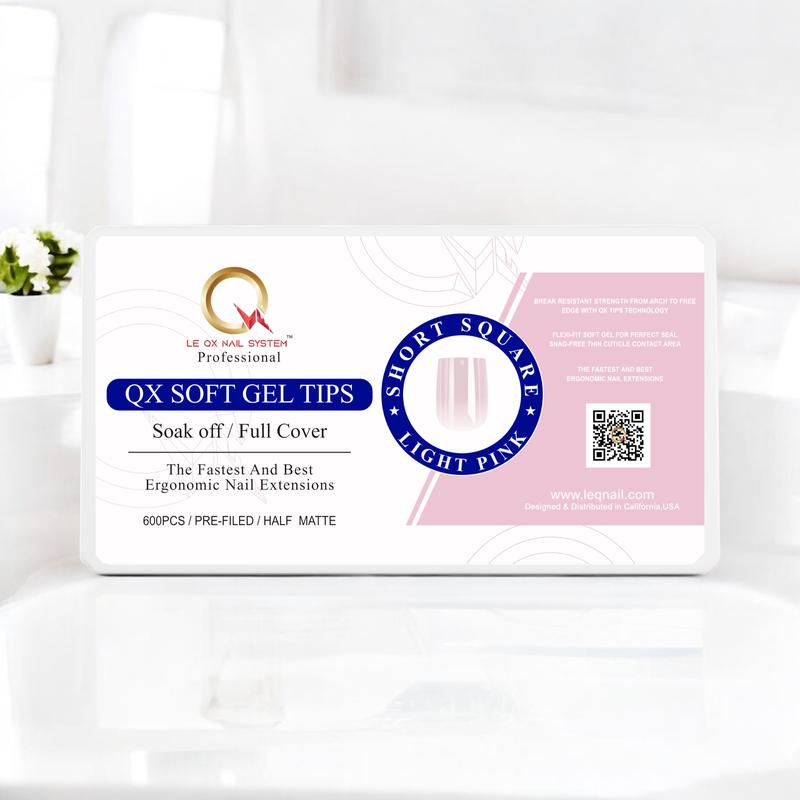 QX SOFT GEL TIPS - SHORT SQUARE - LIGHT PINK Full Coverage/ Prefile . Buy 3 FREE 1