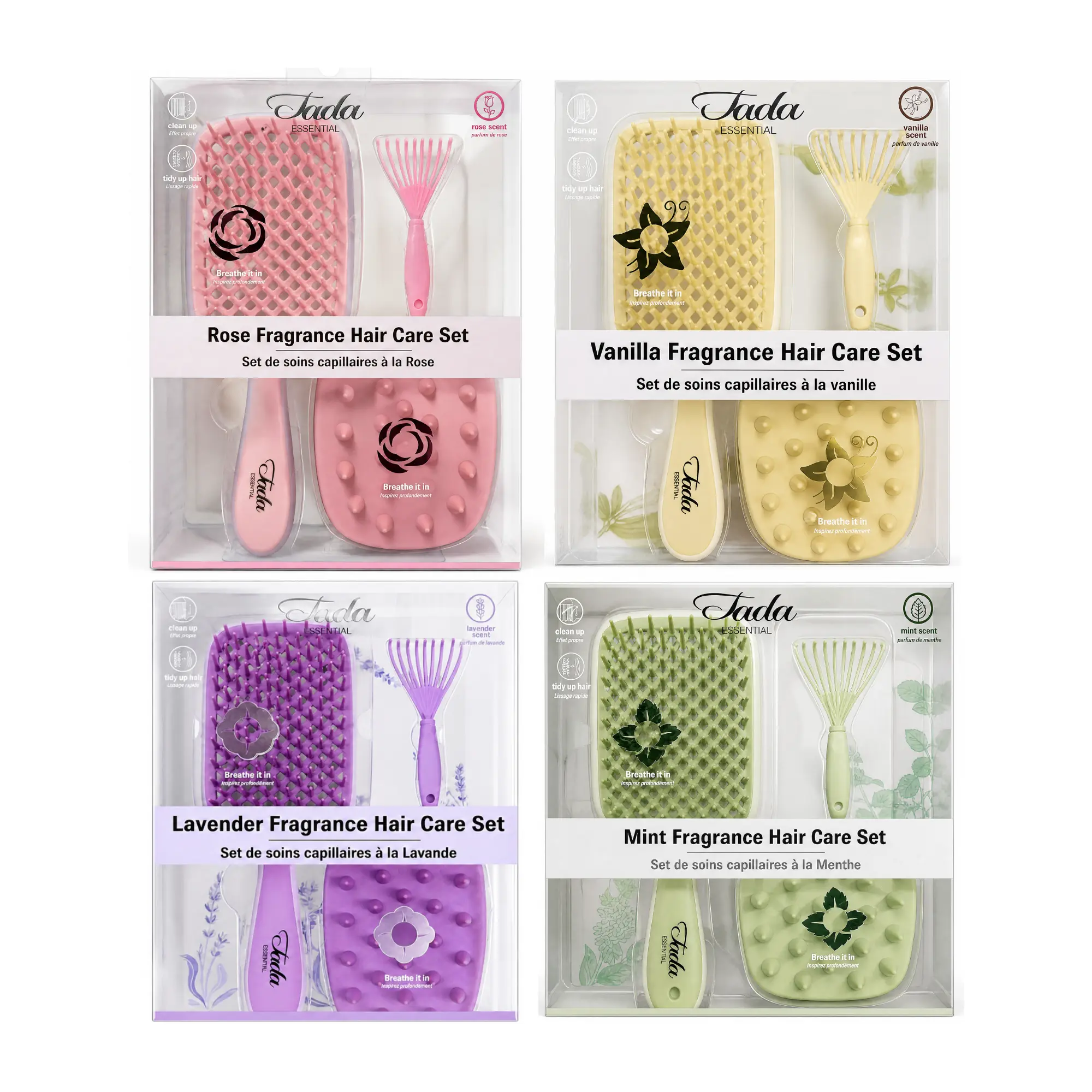 [TADA ESSENTIAL] 3PC Scented Hair Brush Collection | Scented Detangling Hair Brushes, Fragrance Hairbrush Set, Hair Detangler, Rose, Vanilla, Lavender & Mint