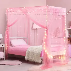 Twin Size Bed Canopy with Lights, Luminous Stars Princess Canopy for Girls, Canopy Bed Curtains for Twin Kids Bed Indoor Bedroom Decor, 4 Corner Post Bunk Bed for Student Dormitory, Pink