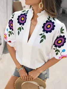 Plus Size Women's New Floral Print Short Sleeve V Neck Shirt, Trendy and Stylish Top for Summer Fashion, Comfortable Casual Wear