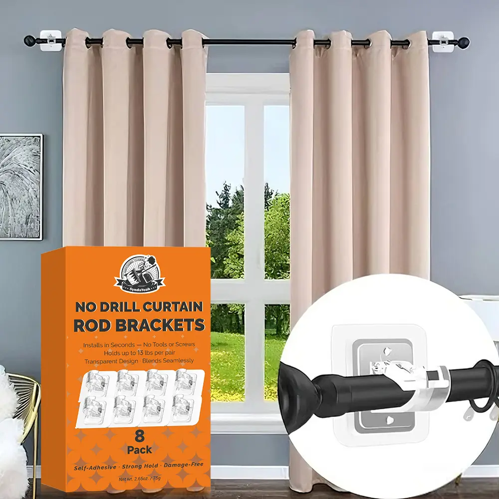 Heavy-duty No-Drill Transparent Self-Adhesive Curtain Rod Brackets, Firm Fixation, Wall-Safe, Easy Installation, 8-Piece Home Organizer Storage Holders