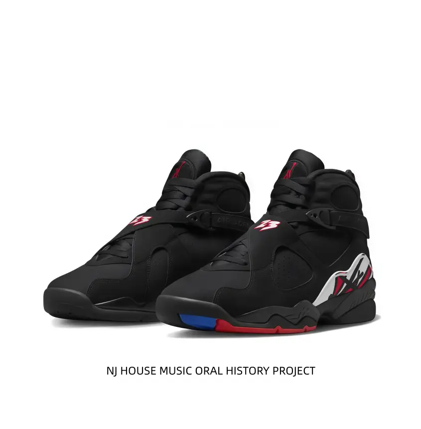 All Black Suede High-Top Sneakers for Sports Collectibles - Red Logos, Side Geometric Patterns, Red-Blue 2-Tone Toe Cap, Adjustable Ankle-Support Strap, Cushioned Sole for Street & Daily Casual Outfits