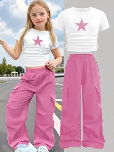 Girl's Star Print Tee & Pants Set, Casual Short Sleeve T-shirt & Trousers, Kids Summer Clothes for Daily Wear, Casual Outfit Set