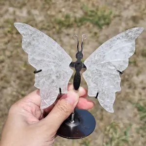 Clear Quartz Crystal Butterfly Wings on Black Stand