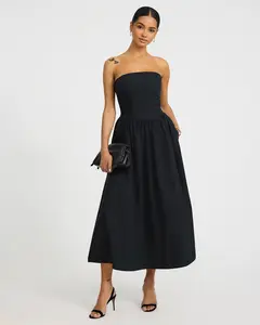 Express Cotton Poplin Strapless Dipped Waist Midi Dress with Pockets