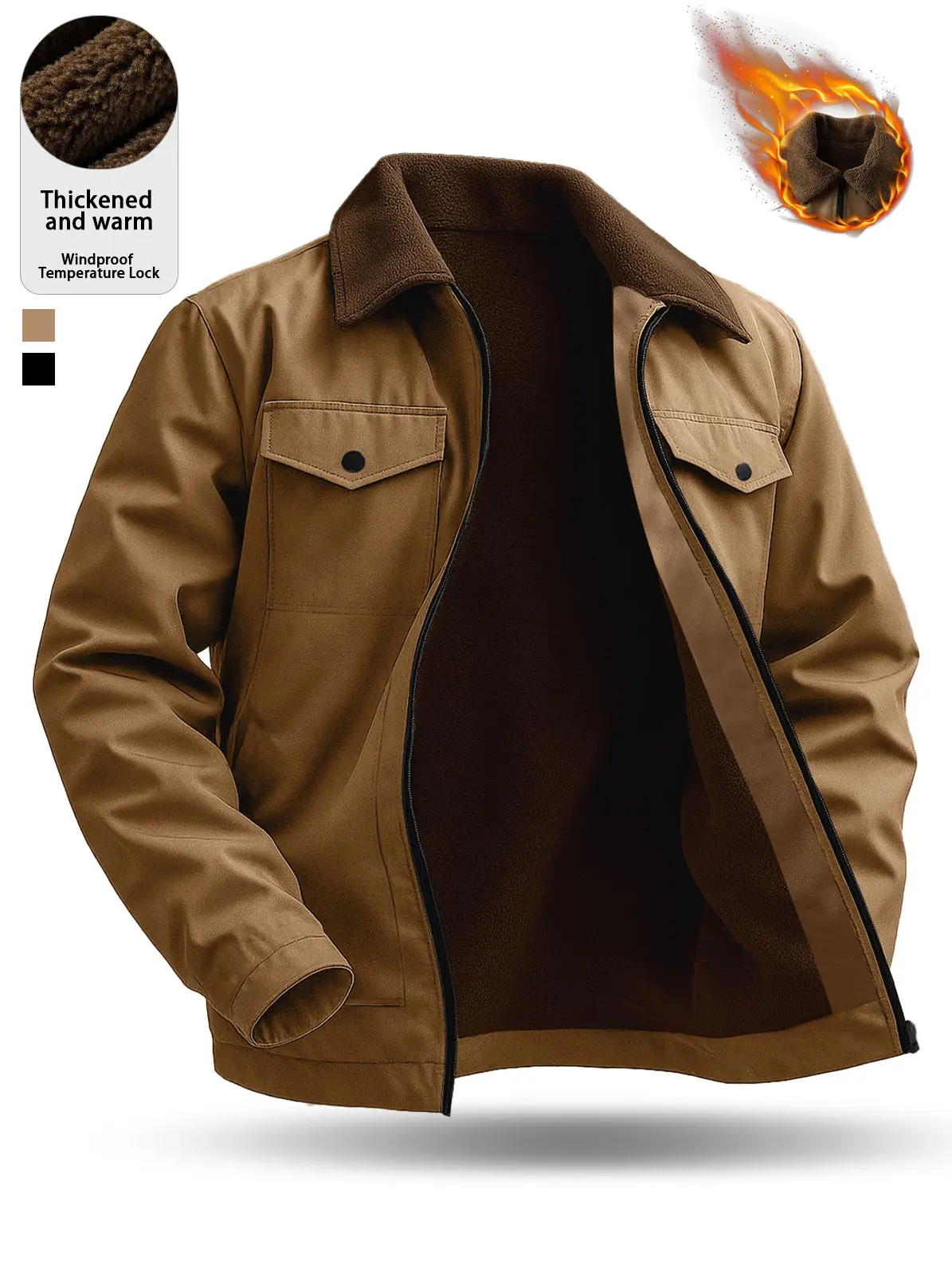 Men's Vintage Fleece-Lined Trucker Jacket, Thick Warm Windproof Workwear Coat with Multiple Pockets, Suitable for Outdoor and Casual Style, Ideal for Autumn and Winter Wear  Long Sleeve