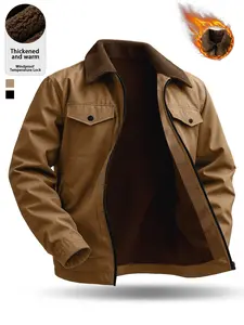 Men's Vintage Fleece-Lined Trucker Jacket, Thick Warm Windproof Workwear Coat with Multiple Pockets, Suitable for Outdoor and Casual Style, Ideal for Autumn and Winter Wear  Long Sleeve