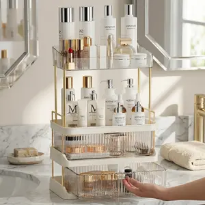 Makeup Organizer for Vanity,with 2 Drawers and Removable Makeup Tray,Large Capacity Vanity Organizer,Bathroom Countertop Organizer for Cosmetics, Perfume, Skincare