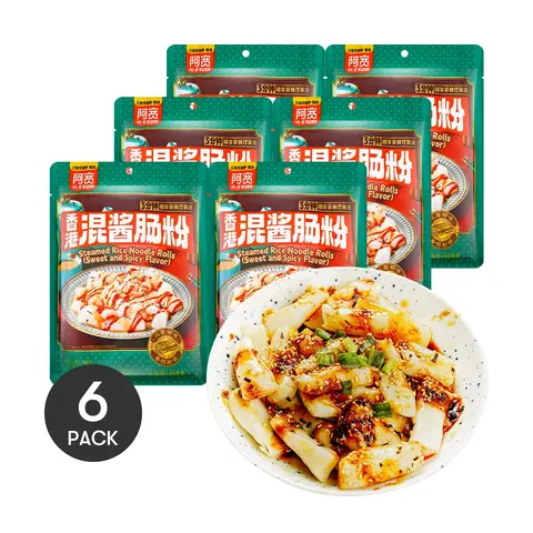 AKUAN Steamed Rice Noodle Rolls Sweet&Spicy,8.99 oz*6【6 Packs】 Asian Instant Food, Smooth & Chewy, Peanut Butter + Sweet-Spicy Sauce, 3-Minute Ready, Hong Kong Tea Restaurant Snack