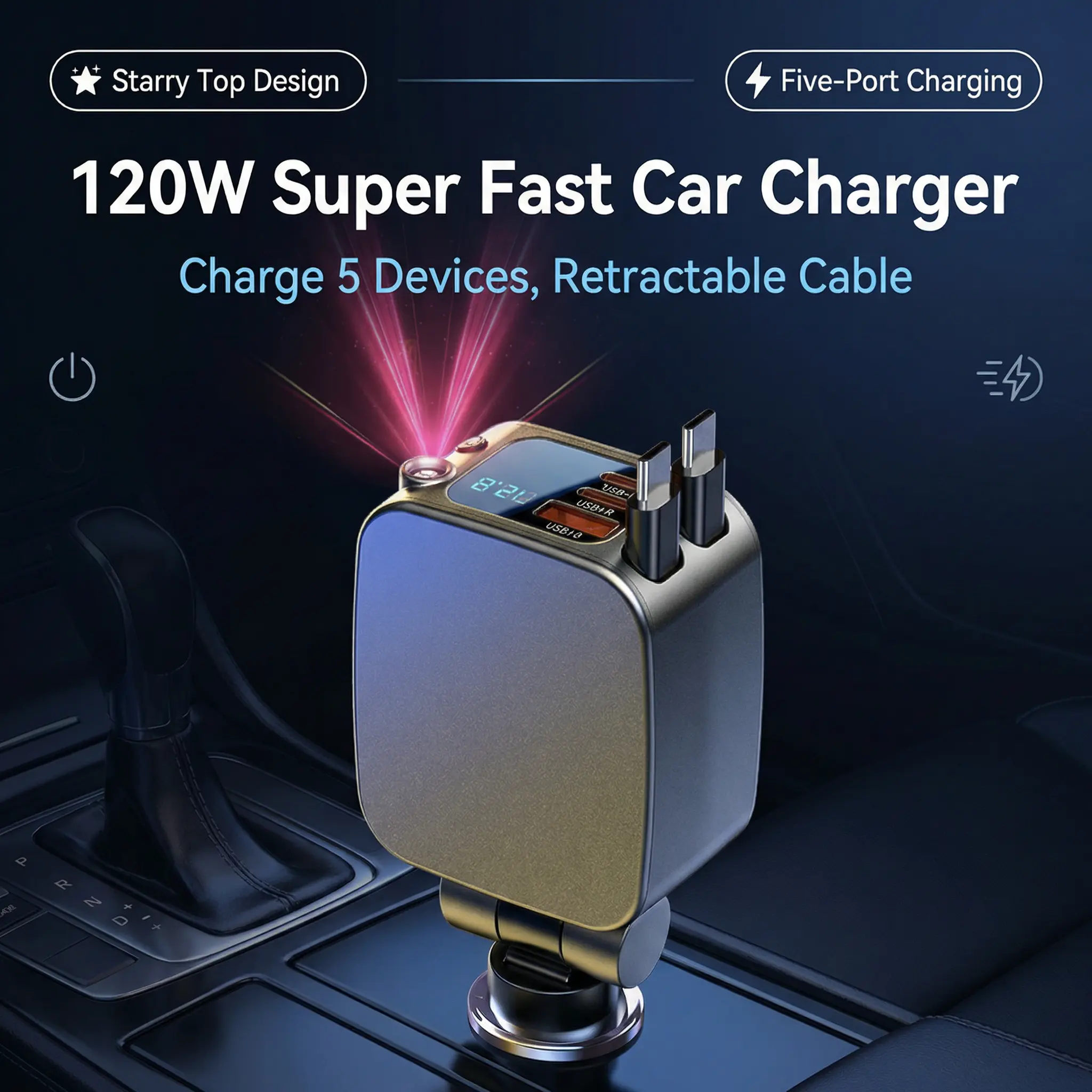 Starry Top 120W Super Fast PD Car Charger, 5-Port Retractable Automotive Charger with Dual Type-C Cable for Smartphones & Laptops, Supporting Typec Charging & USB Mobile Charging