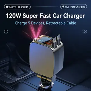Starry Top 120W Super Fast Car Charger Dual Type-C Telescopic Cable Five-Port Charging for Mobile Phones & Laptops 120W Power Dual Type-C Telescopic Cable Five-Port Charging