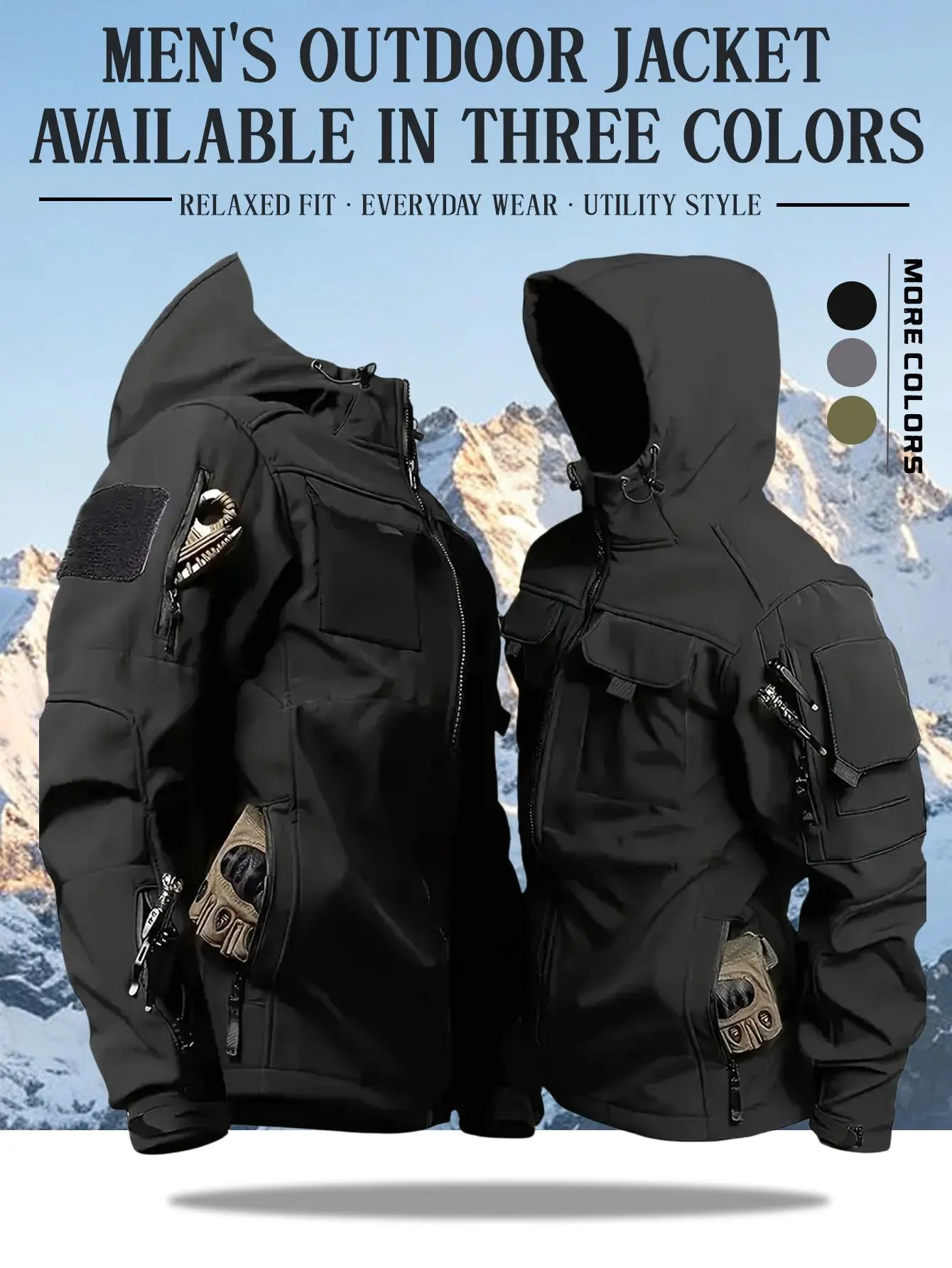 Men’s tactical softshell jacket with hood, waterproof and windproof; military-style multi-pocket outdoor shell top; trendy streetwear; waterproof, multi-pocket military-style casual top