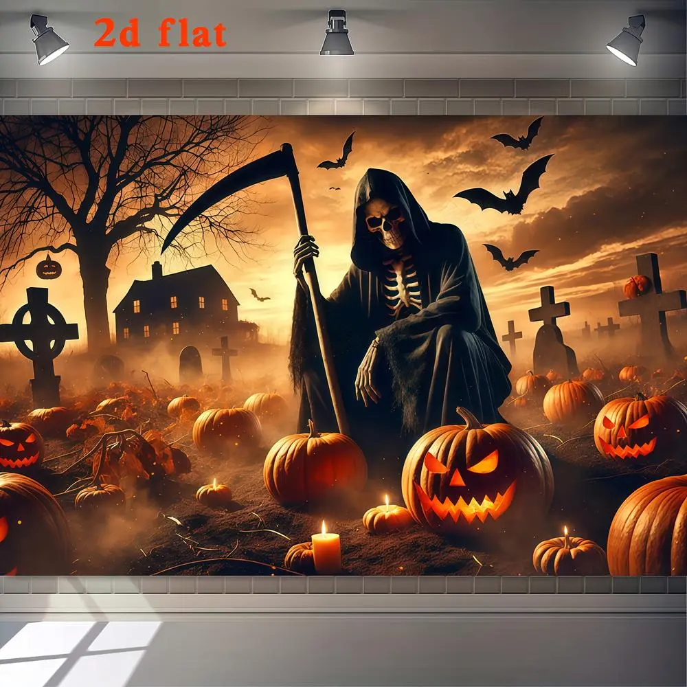 2D Creepy Halloween Graveyard Vinyl Banner Backdrop Decor - 1-Piece Printed Polyester Hanging, Spooky Skeleton with Shovel, Jack-O'-Lanterns, Haunted House Design - Party Decoration Supplies for Themed Parties, Photo Booths