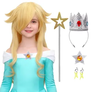 FOVER 6PCS Blonde Princess Wig for Girls Rosalina Costume Cosplay Long Wavy Wig with Crown Wand Brooch Earrings Wig Cap| Thick Full Hair, Pre-cut Bangs, Secure Fit for Halloween Birthda