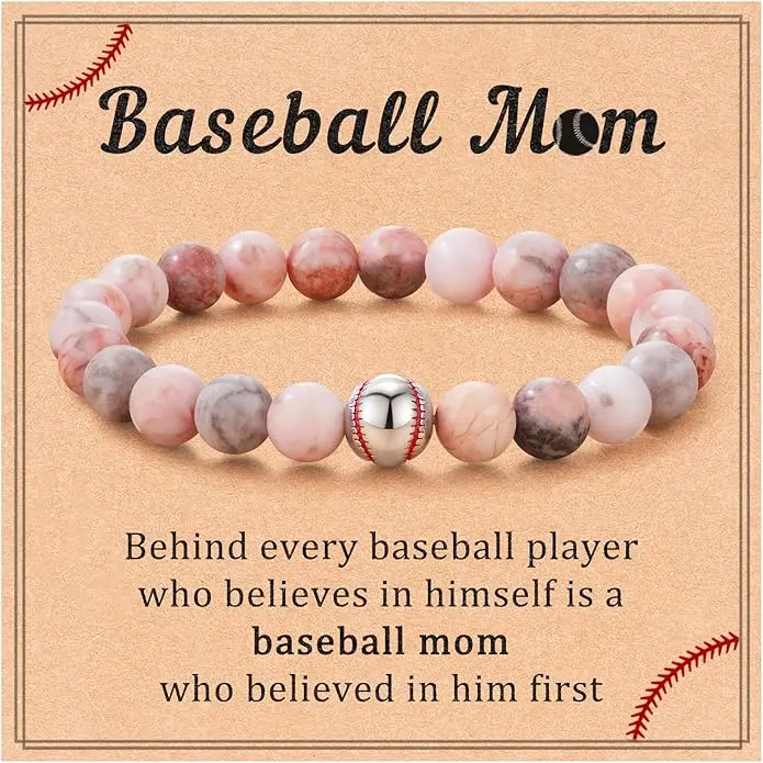 Baseball Mom Inspirational Rhodonite Beaded Stretch Bracelet - Pink Artificial Gemstone, Stainless Baseball Charm, Elastic Cord, Message Card, Jewelry Gifts for Sports Fans, Birthday Gift Ideas, Graduation