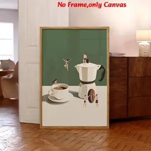 1 pc, wall art, vintage poster, coffee adventure print, coffee machine green painting, restaurant aesthetic, kitchen decor, apartment decor, housewarming gift, unframed, Canvas Wall Art