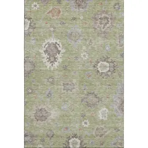 HomeRoots 663259 5 x 8 ft. Artichoke Green Beige & Taupe Floral Medallion Washable Machine Made Rectangle Area Rug with UV Protection