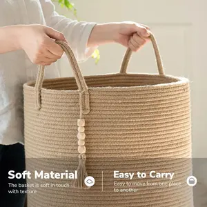 Large Woven Laundry Basket with Handles, 16" X 20", Jute Storage Basket for Organizing Blankets and More Cotton Household