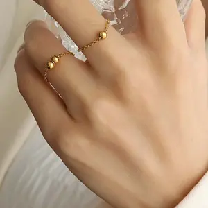 Women's Daily Titanium Steel Pinky Ring, Small Golden Round Bead Artificial Gemstone Jewelry Accessory
