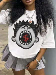 Women's Cartoon Figure Print Round Neck Tee, Fashion Casual Short Sleeve T-shirt for Daily Wear, Ladies Summer Clothes