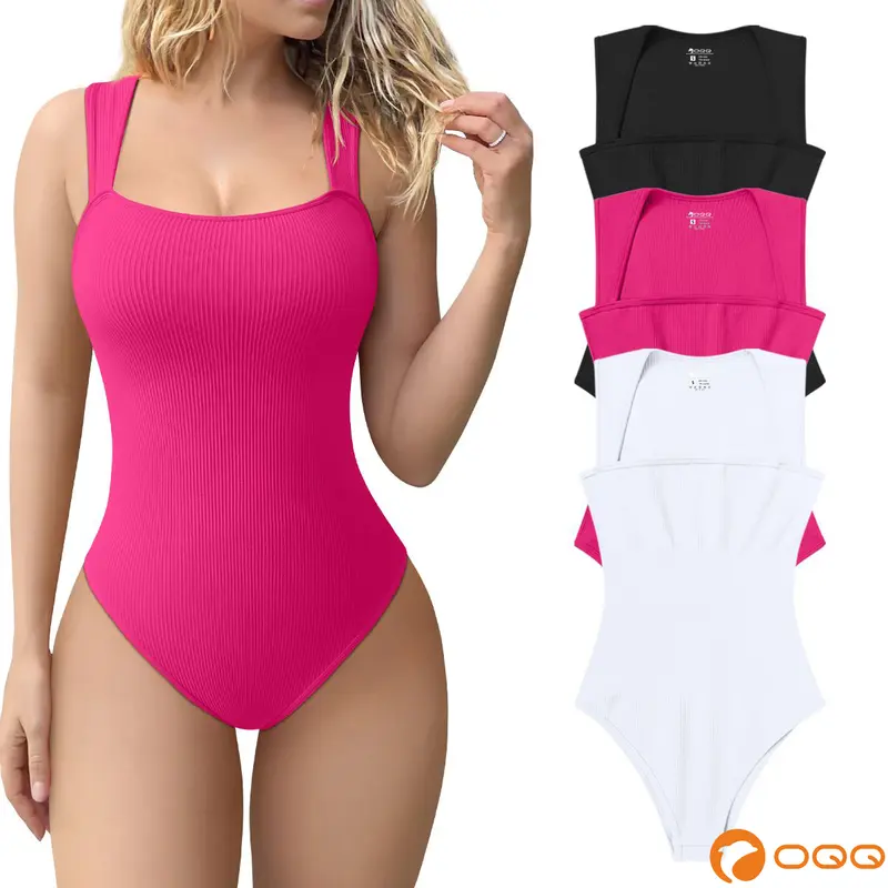 OQQ Women's 3 Piece Ribbed Bodysuits - Sexy Square Neck Sleeveless Tank Top Design - Stretchy Soft Womenswear Underwear Lady Comfort Trendy