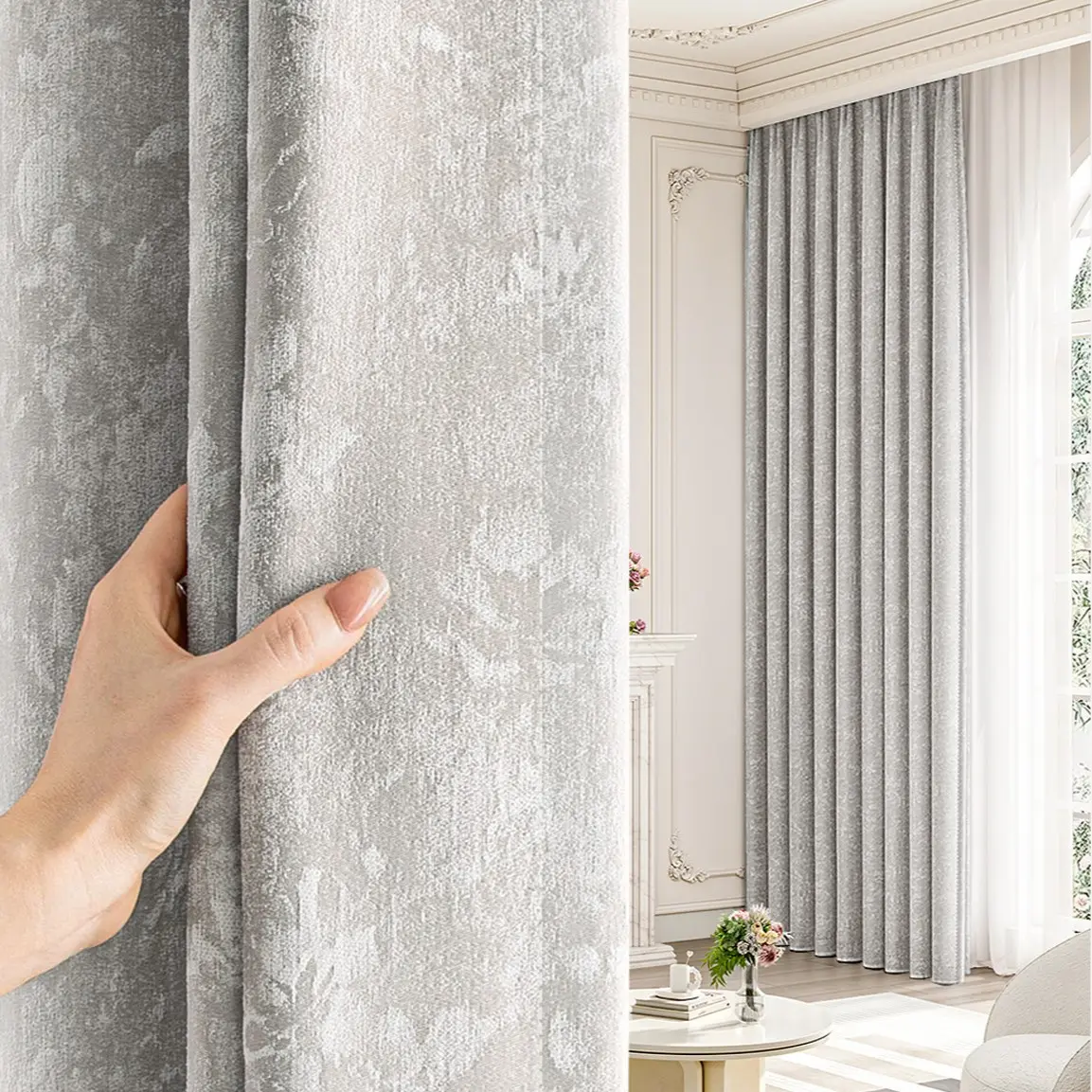 French Romantic Chenille Jacquard Drapes, Light Blocking Window Blackout Bedroom Curtains, Luxury Thickening Home Use, Elegant Indoor Window Treatments