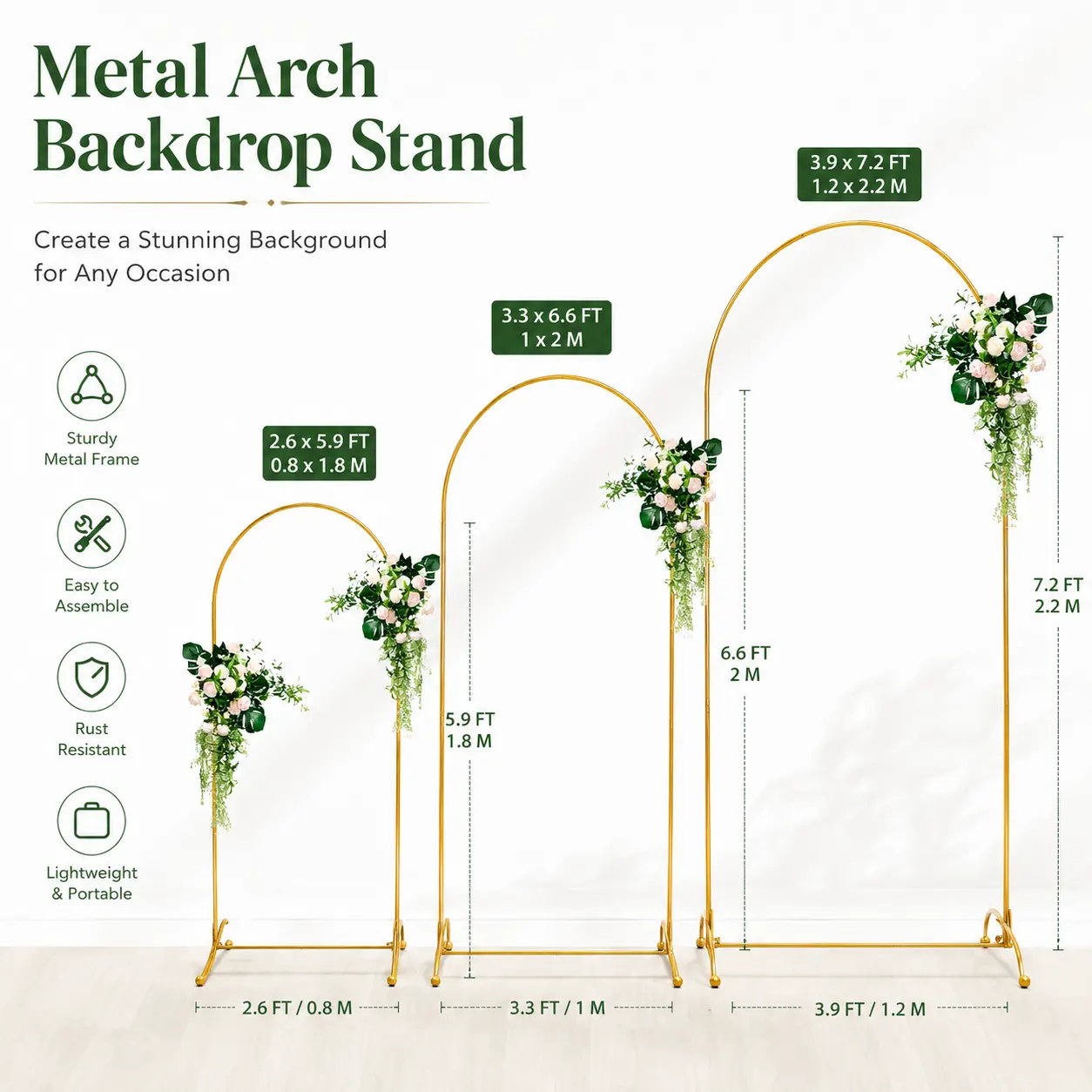 Gold Metal Wedding Arch Backdrop Stand Double Curved Flower Balloon Arch Frame for Wedding Ceremony, Party, Birthday, Baby Shower Decoration, 0.8x1.8m/1x2m/1.2x2m, Metal Arch Display Festive Backdrops & Banners