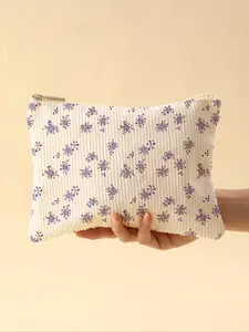 Ditsy Flower Pattern Corduroy Makeup Bag, Lightweight Zipper Makeup Organizer, Multifunctional Cosmetic Storage Bag for Toiletries and Accessories