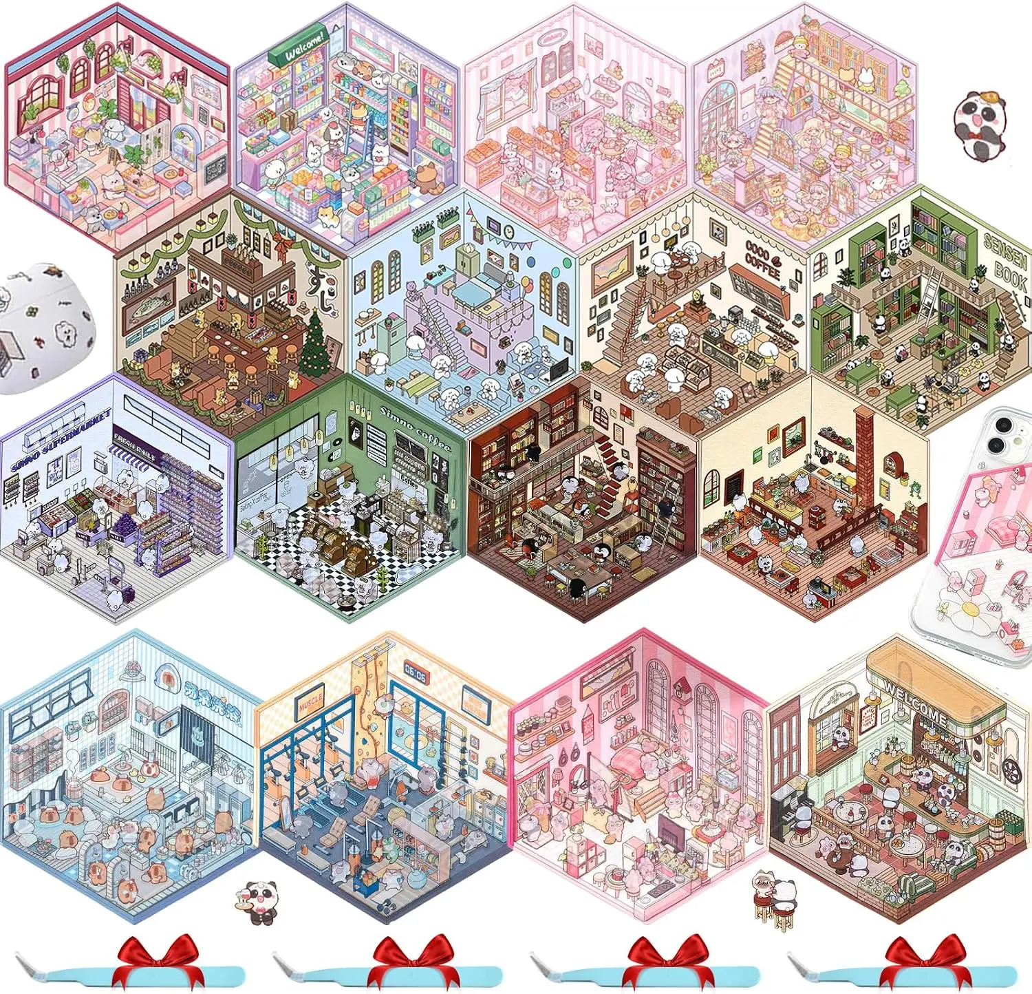 Halloween Gift 3D Sticker Scene Book,16PCS Isometric Sticker Book,DIY House Stickers Therapy,Reusable Cute Kawaii Korean Cartoon Make Your Own Mini Room Pictures Small Chinese Pack for Kids Adults