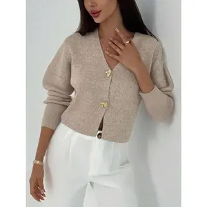 New Simple And Fashionable Office Commuting Deep V Neck Long Sleeve Slim Button Cardigan, Versatile Casual Knitted Sweater