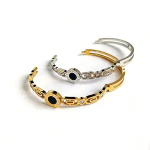 Premium Titanium Steel Hollow Chain Roman Numeral Black Disc Cuff Bangle, Hidden Snap Button Stackable Bracelets, Trendy Fashion Wrist Jewelry for Women